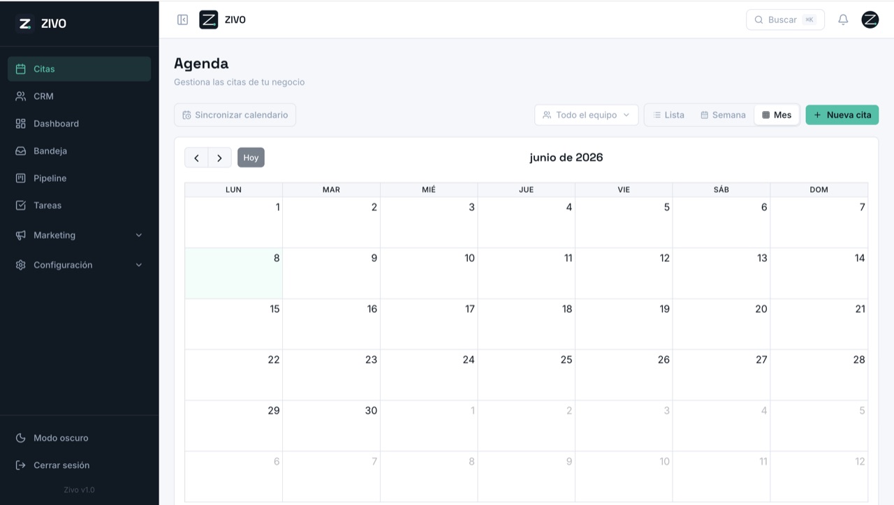 Vista de Agenda y recordatorios en Zivo