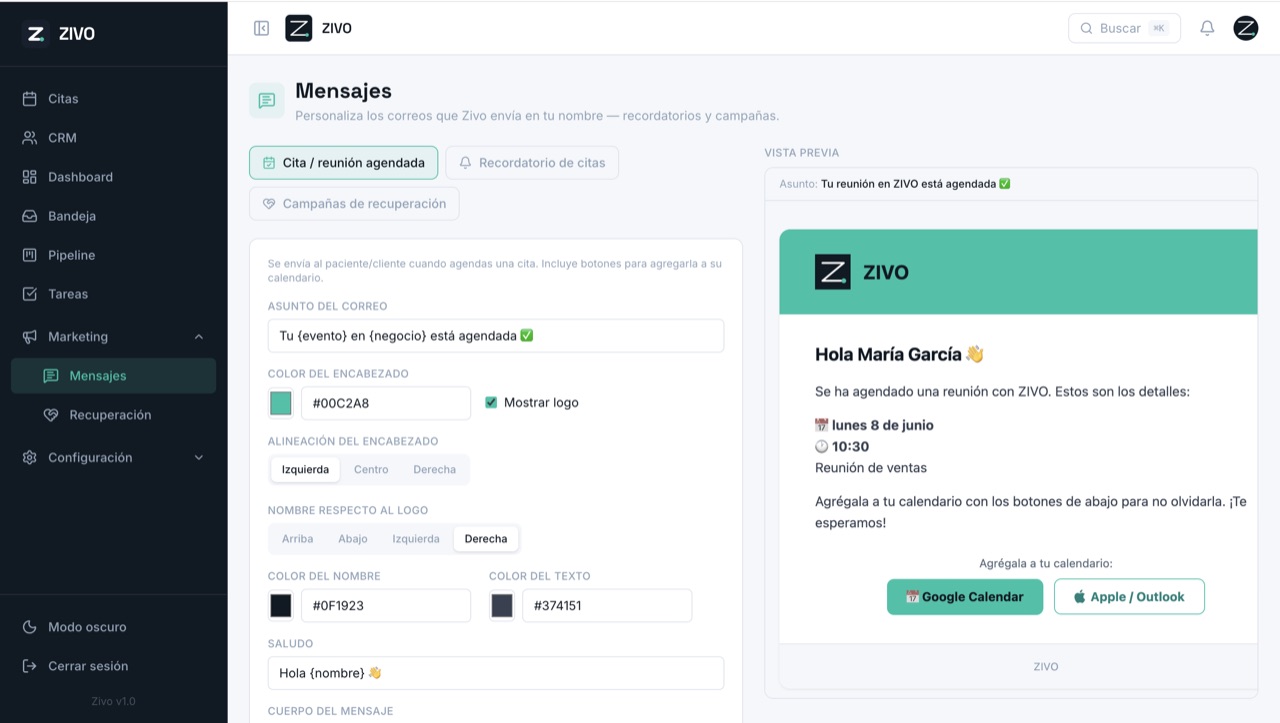 Vista de Correos personalizables en Zivo